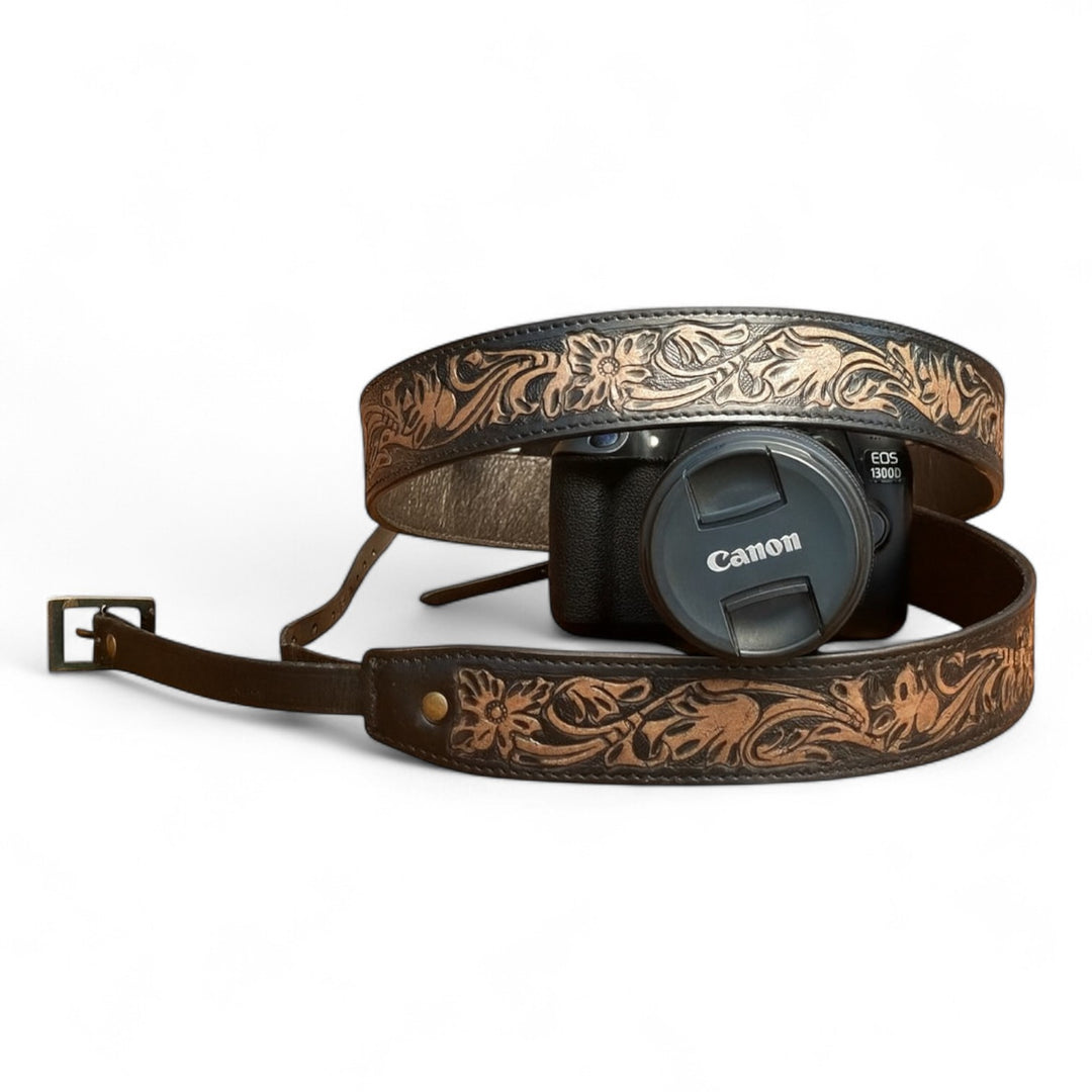 BB Nomad Trail Camera Strap | Hand-Tooled Western Leather Shoulder Strap