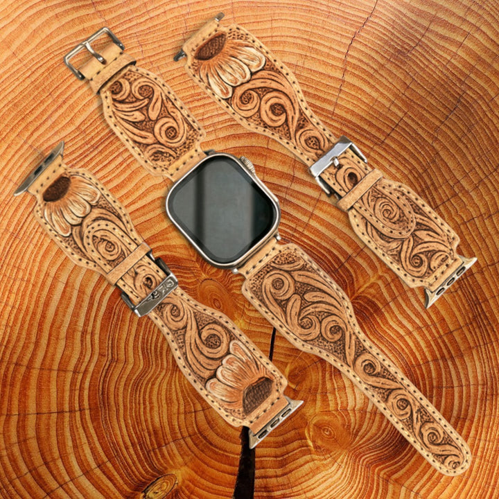 BB Sunflower Swirl Tooled Watch Strap | Handcrafted Western Leather Band