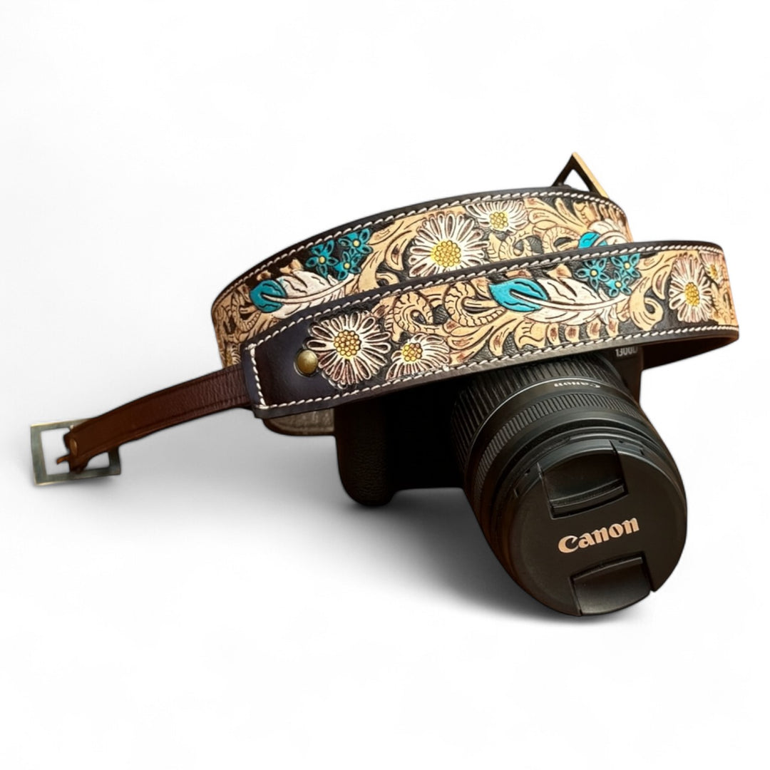 BB Blooming Feathers Camera Strap | Hand-Tooled Western Leather Shoulder Strap