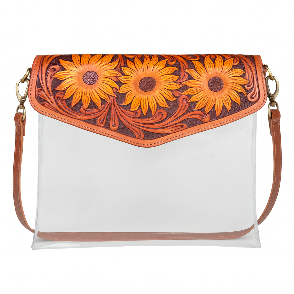 BB Sunflower Stadium Crossbody | Hand-Tooled Leather & Clear Western Bag