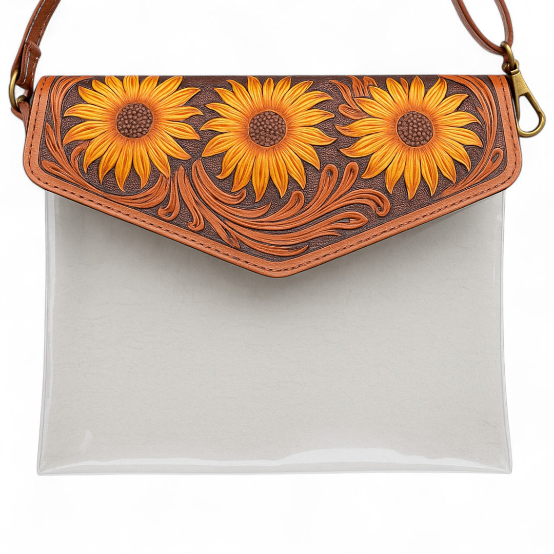 BB Sunflower Stadium Crossbody | Hand-Tooled Leather & Clear Western Bag