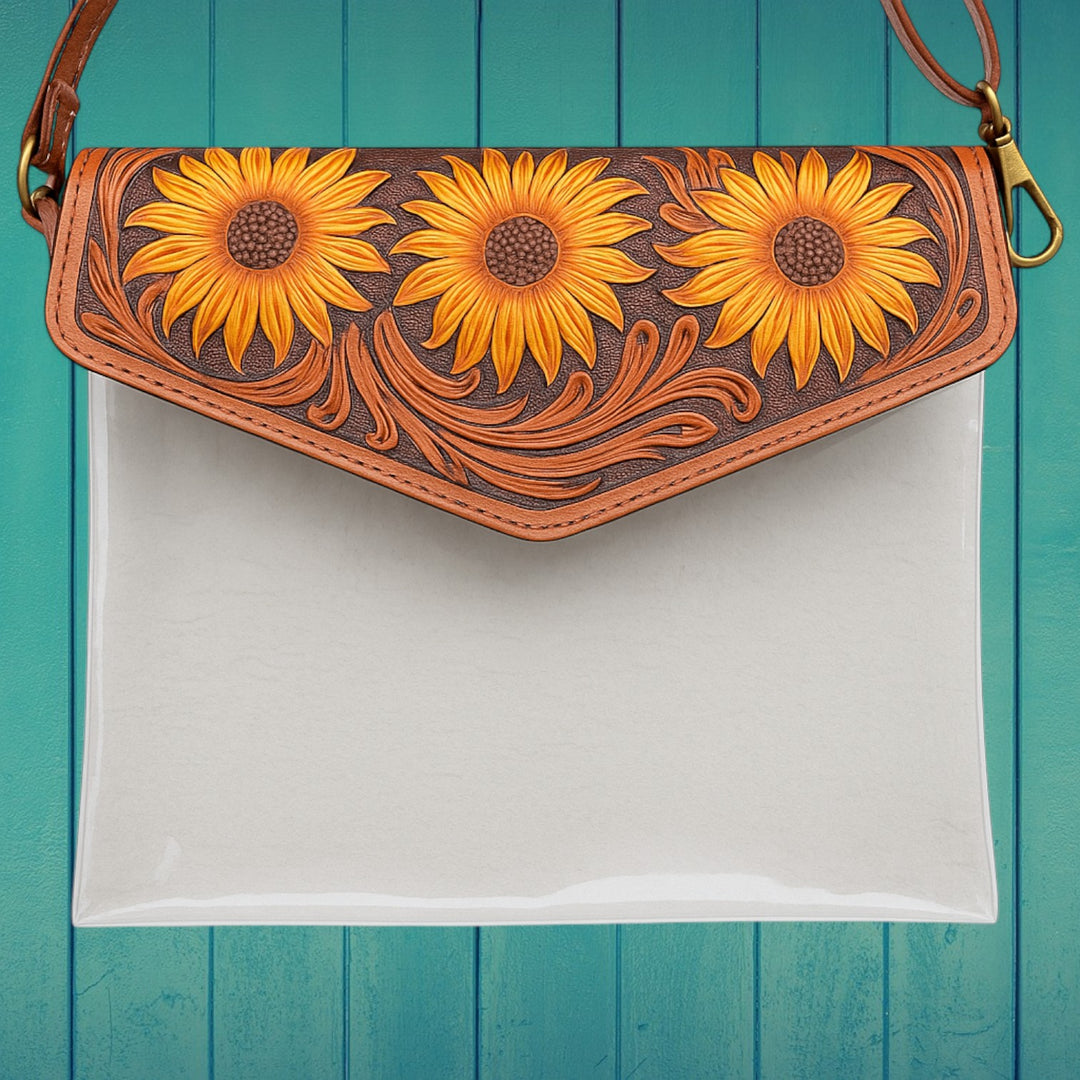 BB Sunflower Stadium Crossbody | Hand-Tooled Leather & Clear Western Bag