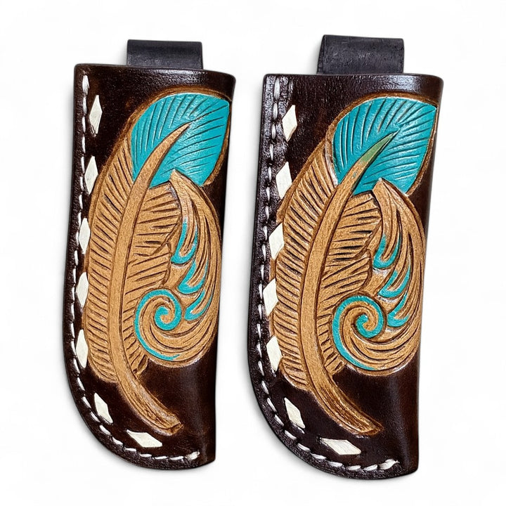 BB Feathered Knife Sheath | Hand-Tooled Western Leather Knife Holder