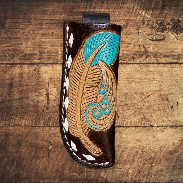 BB Feathered Knife Sheath | Hand-Tooled Western Leather Knife Holder