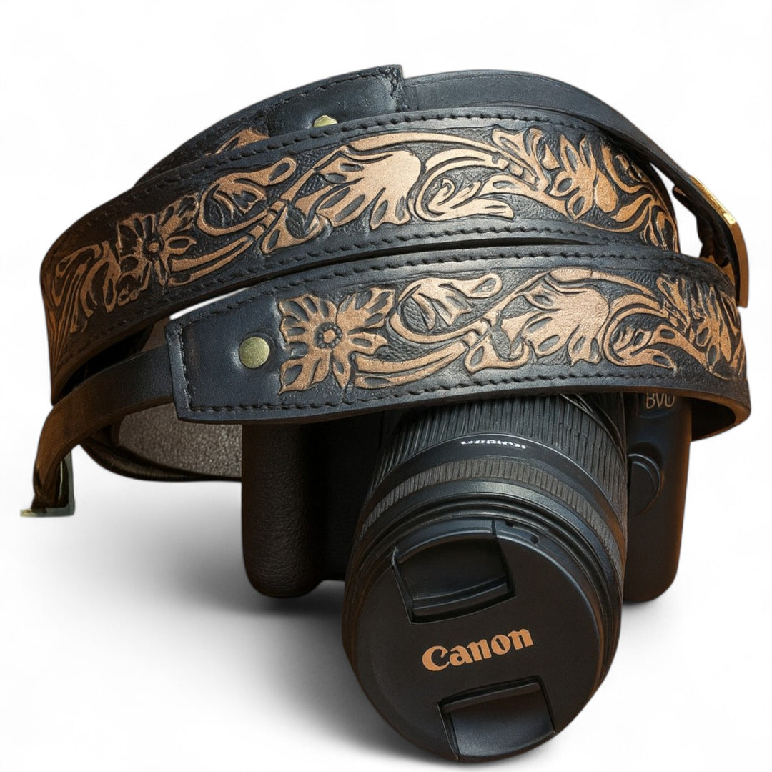 BB Nomad Trail Camera Strap | Hand-Tooled Western Leather Shoulder Strap