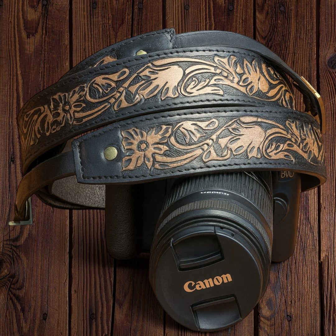 BB Nomad Trail Camera Strap | Hand-Tooled Western Leather Shoulder Strap
