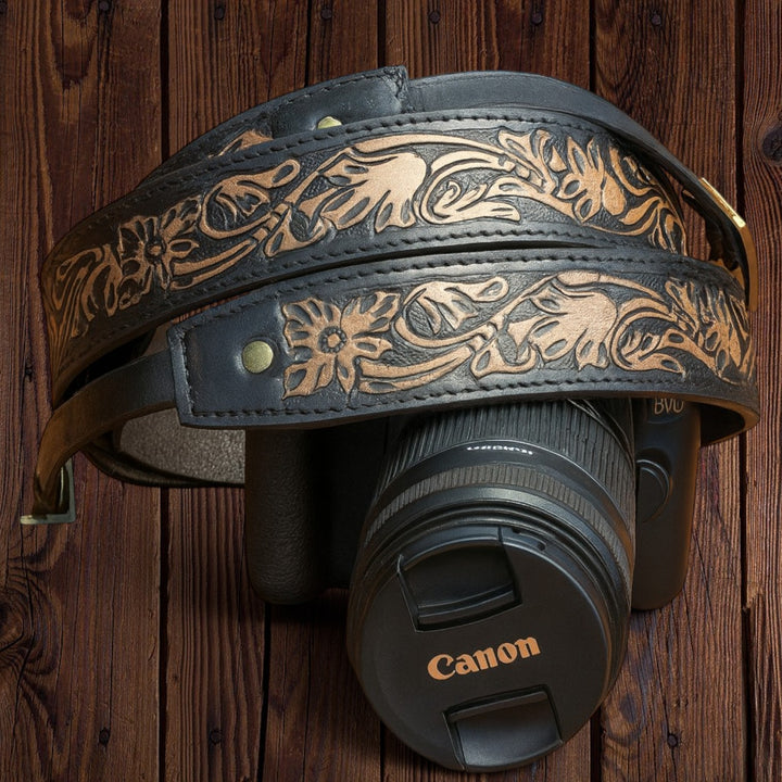 BB Nomad Trail Camera Strap | Hand-Tooled Western Leather Shoulder Strap