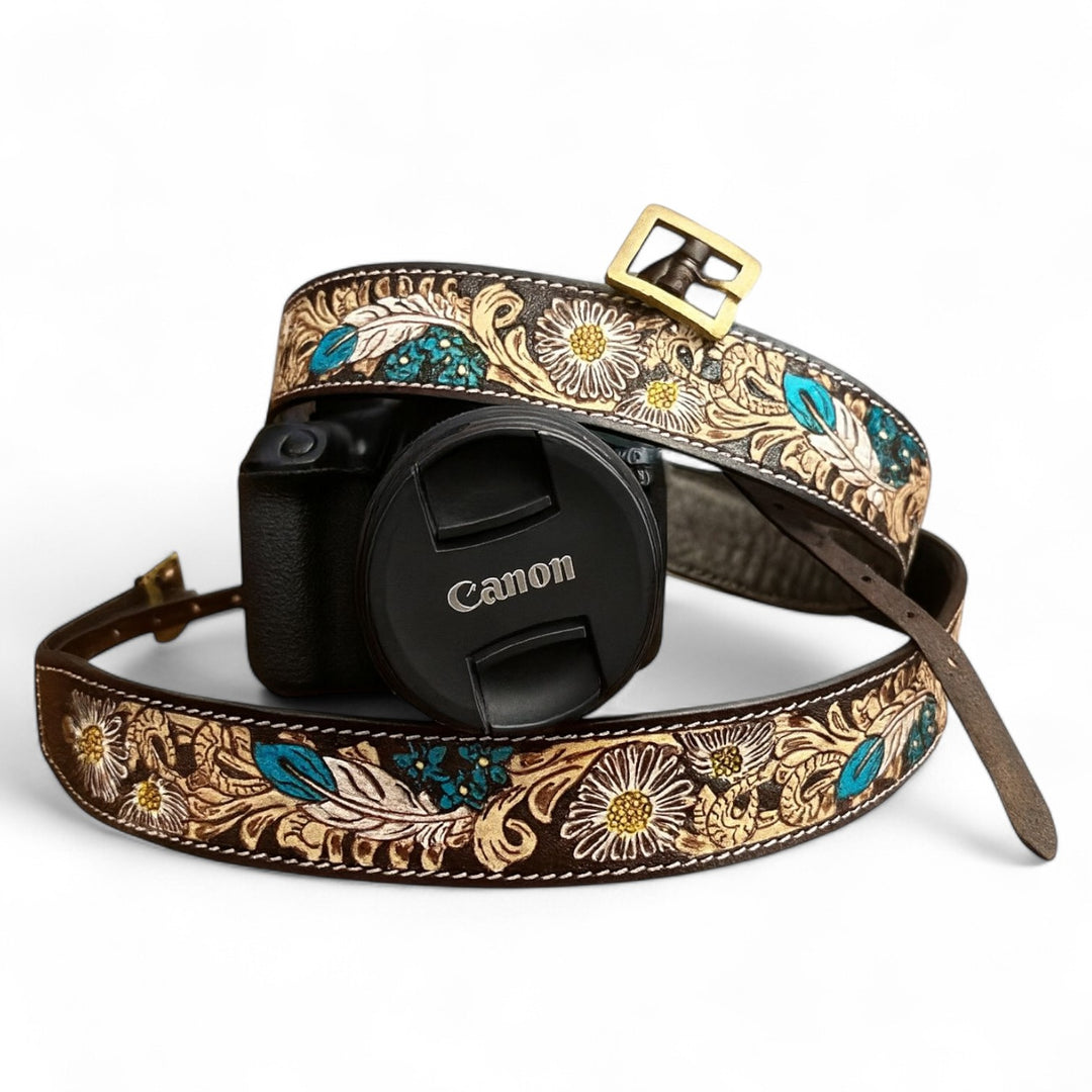 BB Blooming Feathers Camera Strap | Hand-Tooled Western Leather Shoulder Strap