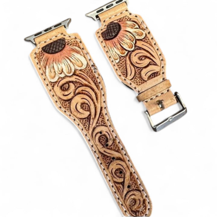 BB Sunflower Swirl Tooled Watch Strap | Handcrafted Western Leather Band