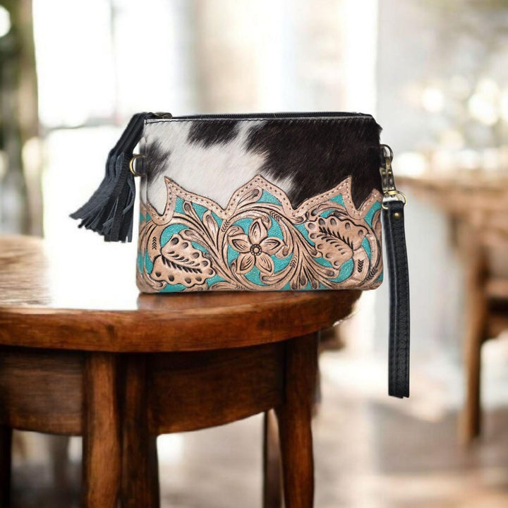 BB Western Grace Wristlet & Crossbody | Cowhide & Hand-Tooled Leather Bag
