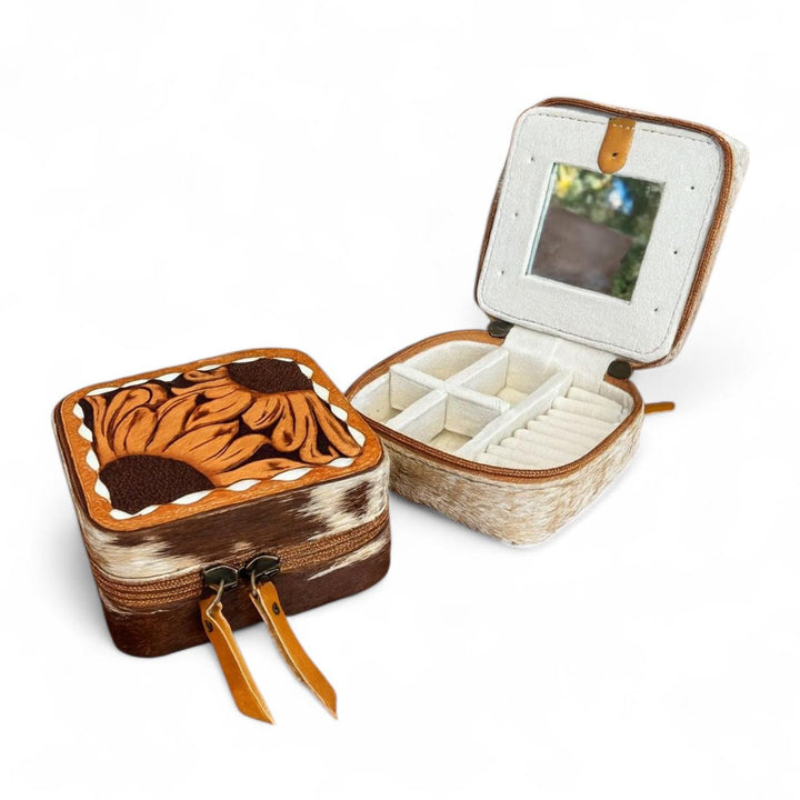 BB Prairie Bloom Case | Tooled Cowhide Leather Jewelry Box with Mirror