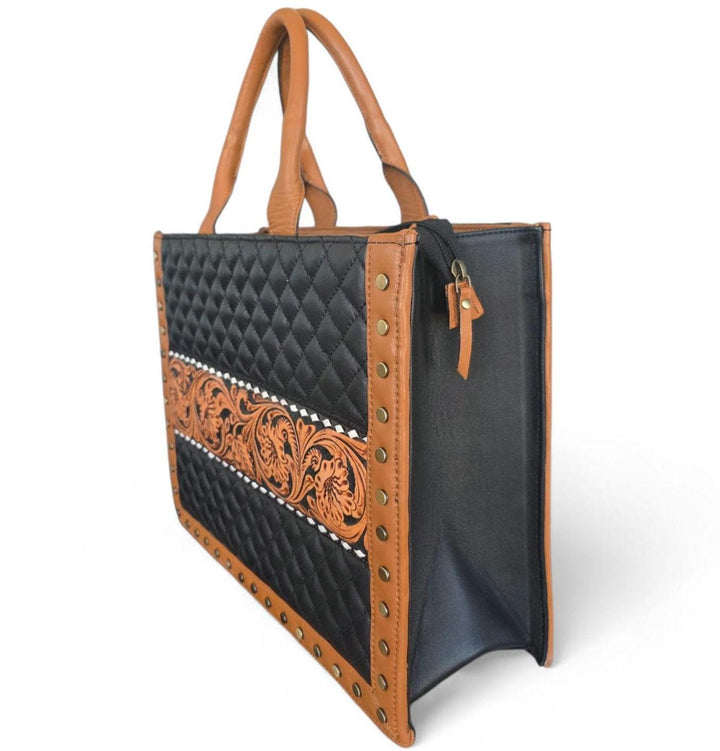 BB Diamond Lattice Tote | Tooled & Quilted Leather Western Handbag