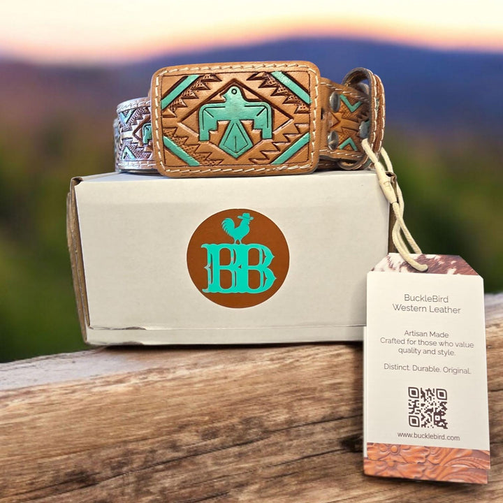 BB Turquoise Thunderbird Belt | Hand-Tooled Leather Western Belt