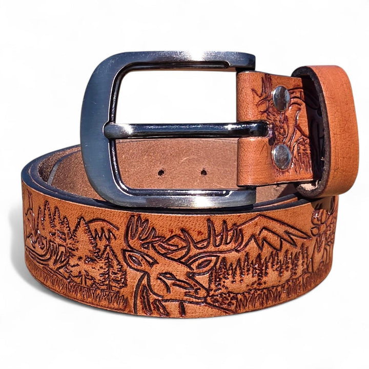 BB Wildlife Forest Belt | Hand-Tooled Leather with Deer & Forest Design