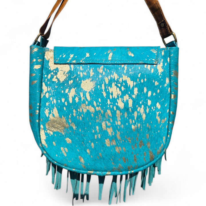 BB Sky Fringe Crossbody | Metallic Turquoise Cowhide & Hand-Tooled Leather Bag
