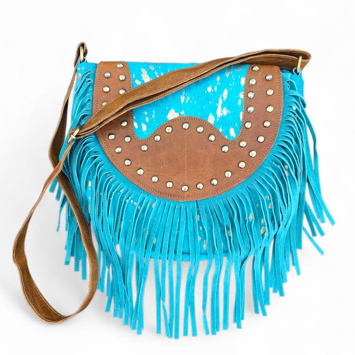 BB Sky Fringe Crossbody | Metallic Turquoise Cowhide & Hand-Tooled Leather Bag