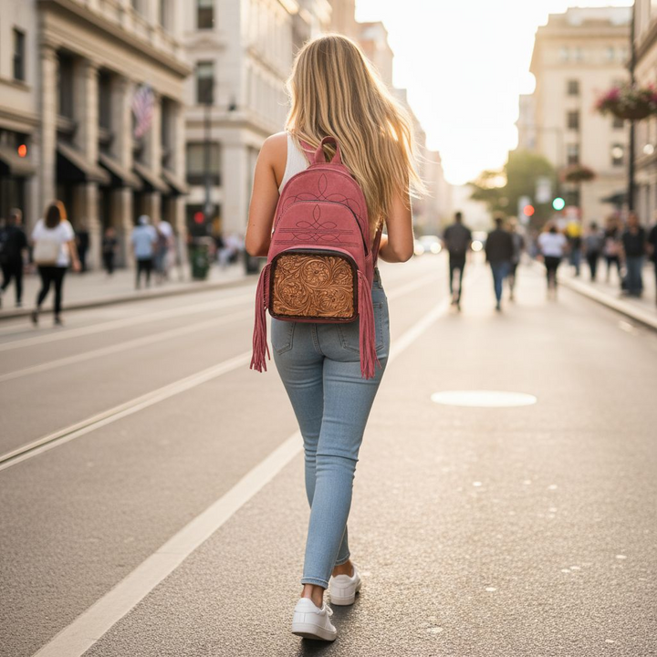 BB Boot Stitch Backpack | Tooled Suede Leather Fringe Bag