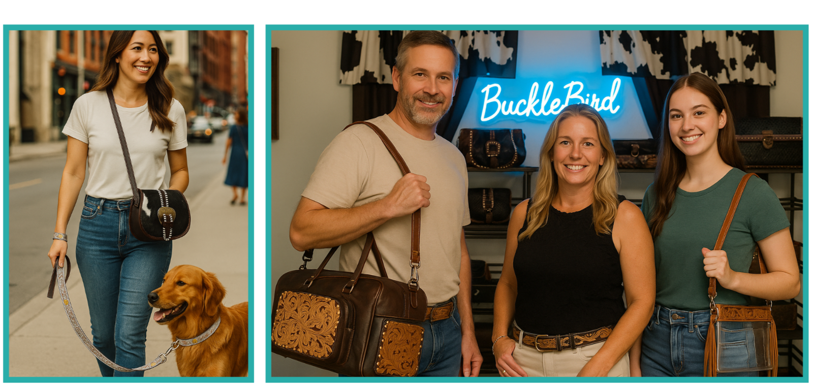 Two people with handbags in an urban setting, featuring the brand 'BuckleBird'.