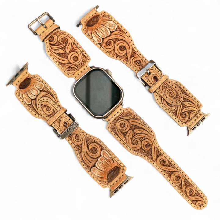 BB Sunflower Swirl Tooled Watch Strap | Handcrafted Western Leather Band