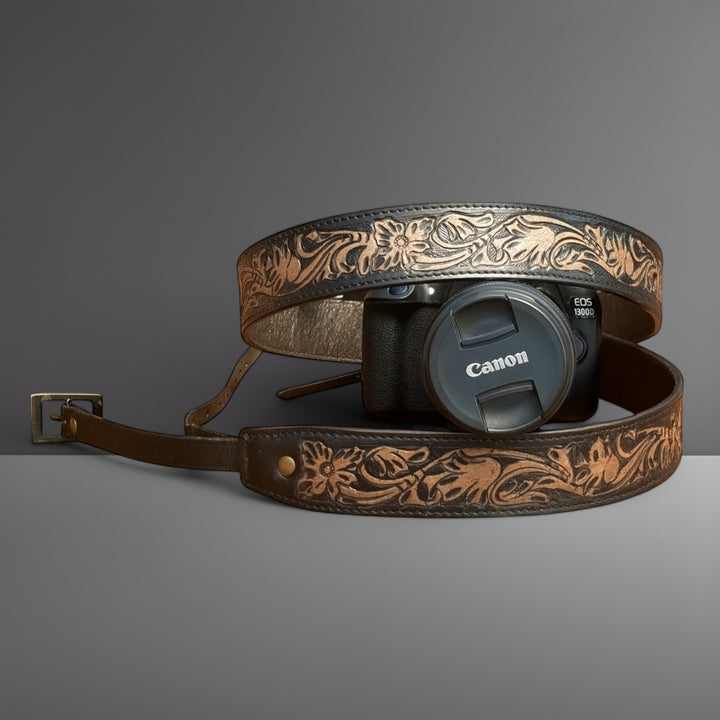 BB Nomad Trail Camera Strap | Hand-Tooled Western Leather Shoulder Strap