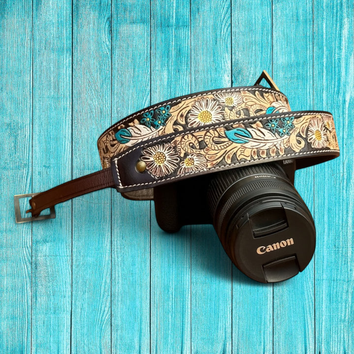 BB Blooming Feathers Camera Strap | Hand-Tooled Western Leather Shoulder Strap