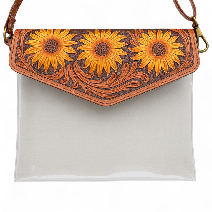 BB Sunflower Stadium Crossbody | Hand-Tooled Leather & Clear Western Bag