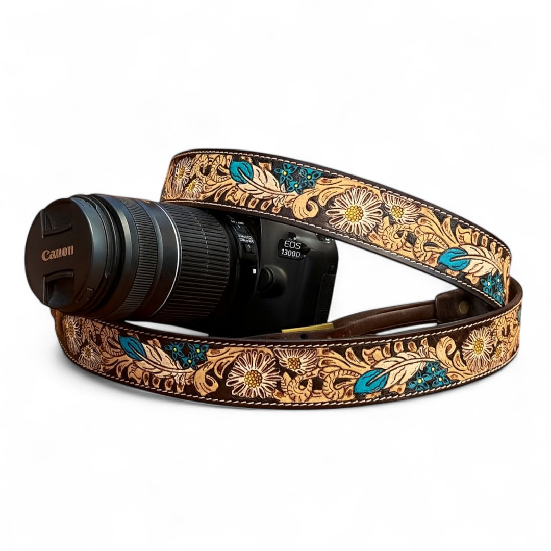 BB Blooming Feathers Camera Strap | Hand-Tooled Western Leather Shoulder Strap