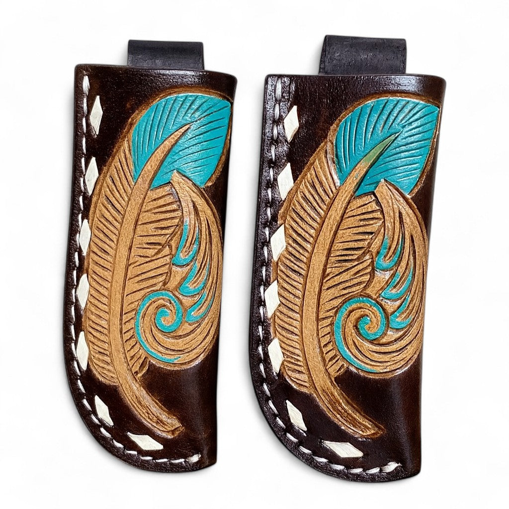BB Feathered Knife Sheath | Hand-Tooled Western Leather Knife Holder