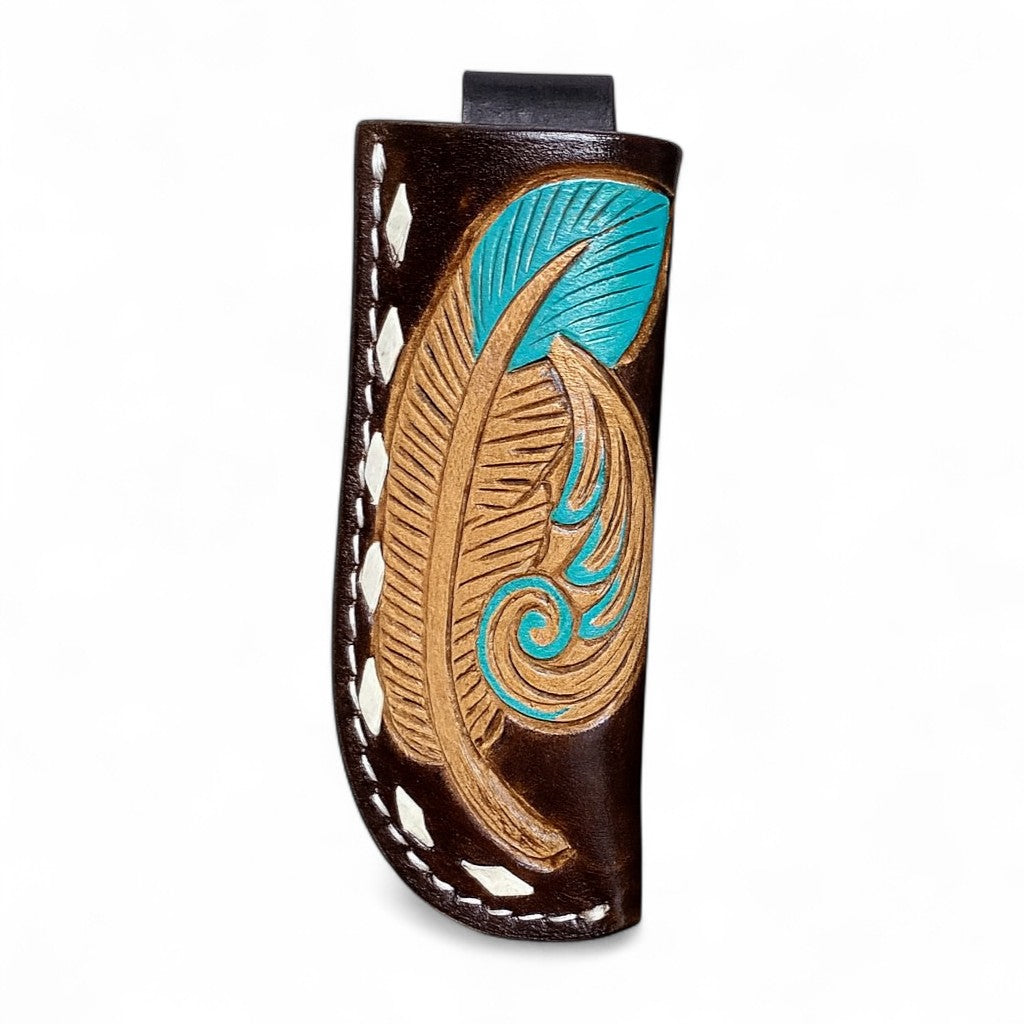BB Feathered Knife Sheath | Hand-Tooled Western Leather Knife Holder