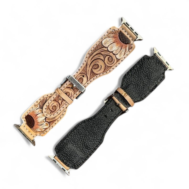 BB Sunflower Swirl Tooled Watch Strap | Handcrafted Western Leather Band
