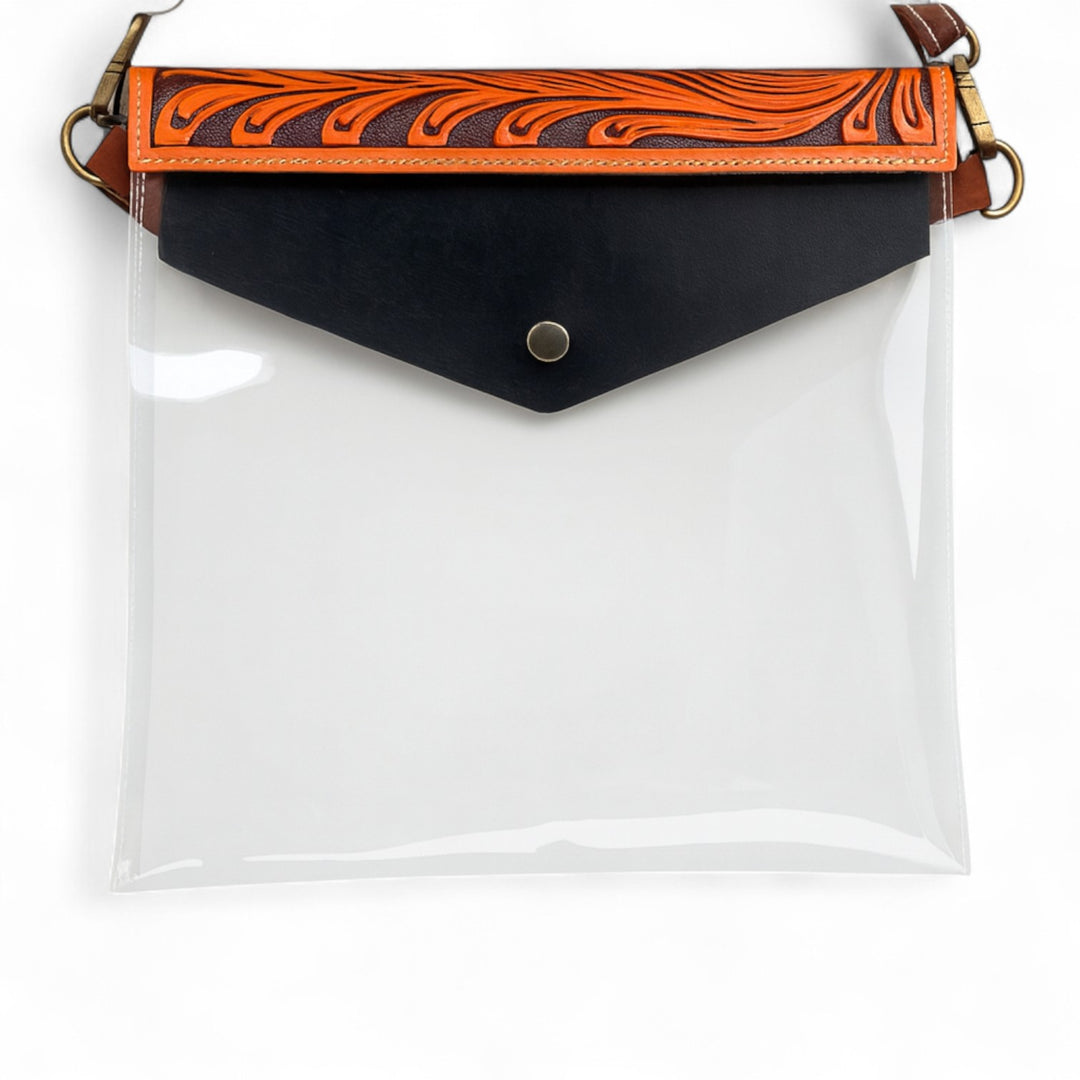 BB Sunflower Stadium Crossbody | Hand-Tooled Leather & Clear Western Bag