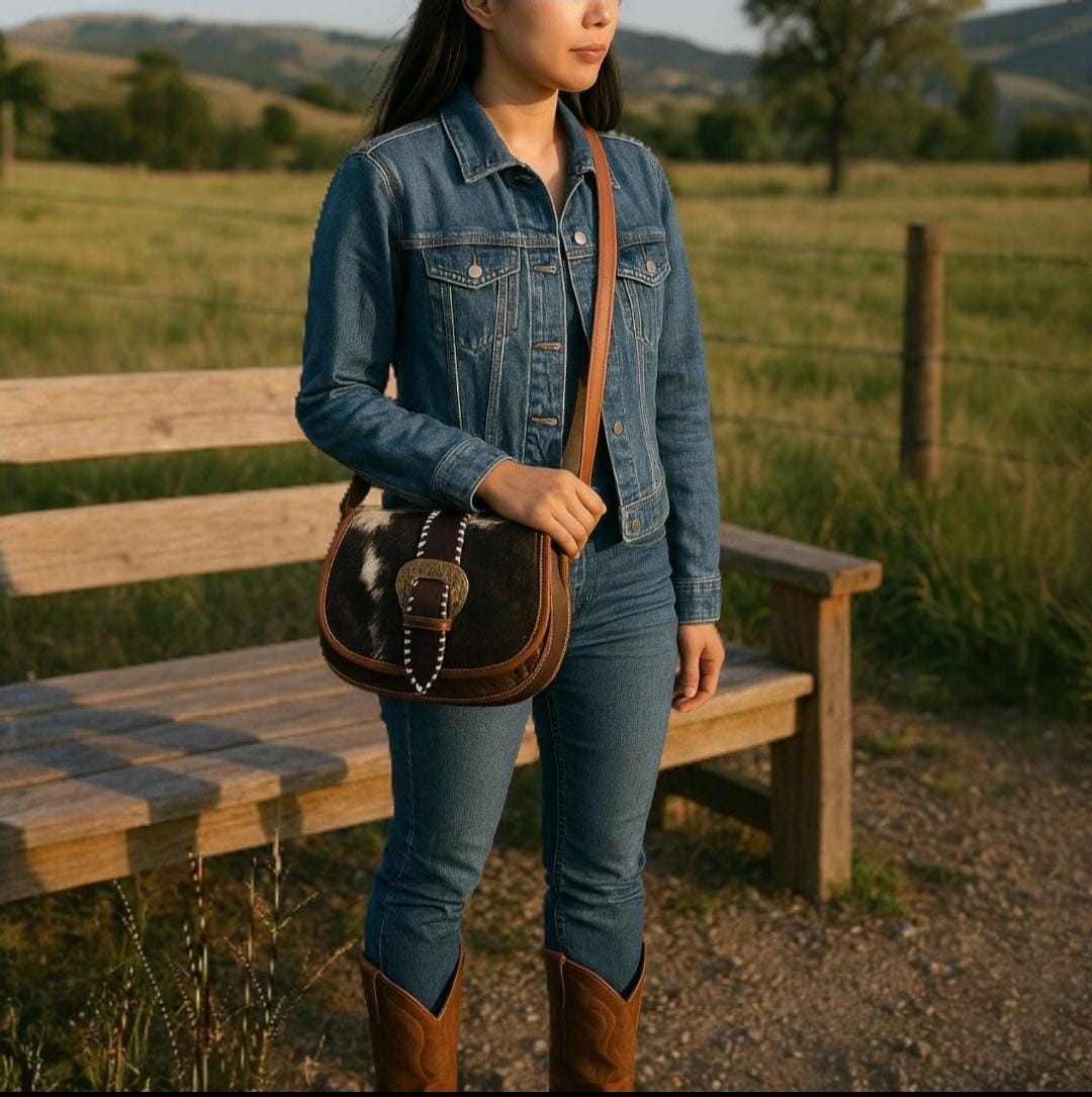 BB Saddled Buckle Crossbody | Hand-Tooled Leather & Cowhide Bag