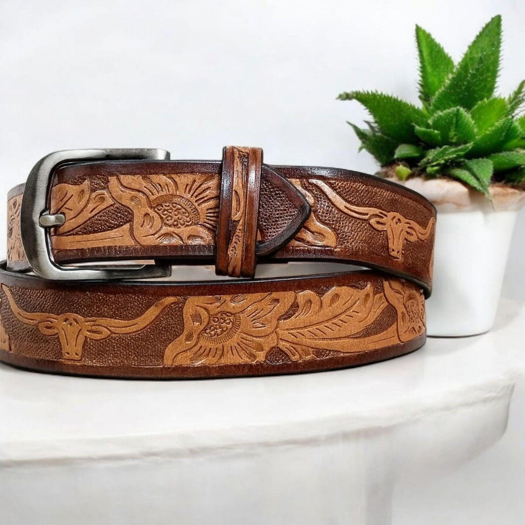 BB Longhorn Trail Belt | Hand-Tooled Leather Western Belt