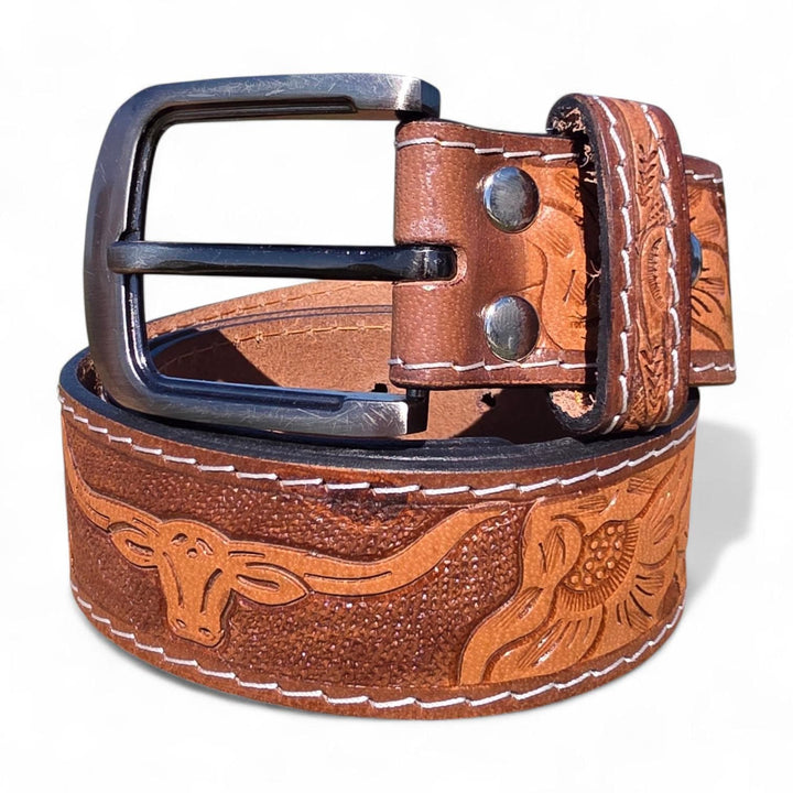 BB Longhorn Trail Belt | Hand-Tooled Leather Western Belt