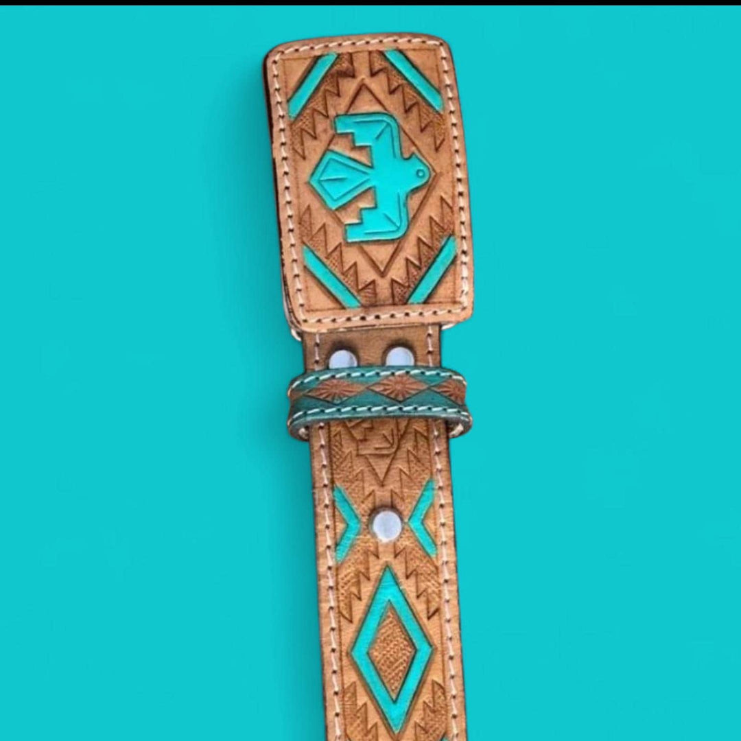 BB Turquoise Thunderbird Belt | Hand-Tooled Leather Western Belt