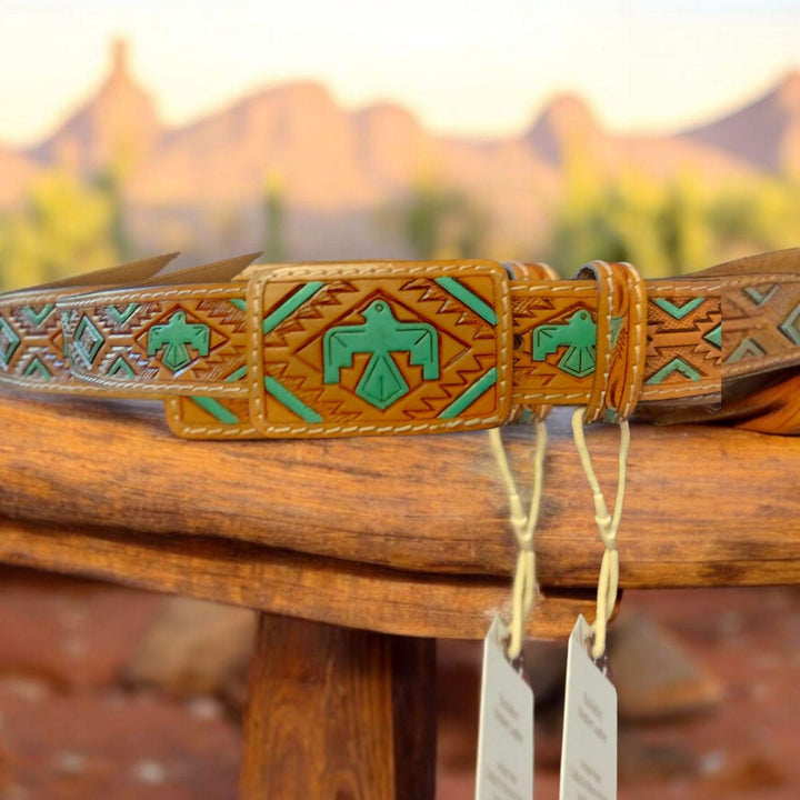 BB Turquoise Thunderbird Belt | Hand-Tooled Leather Western Belt