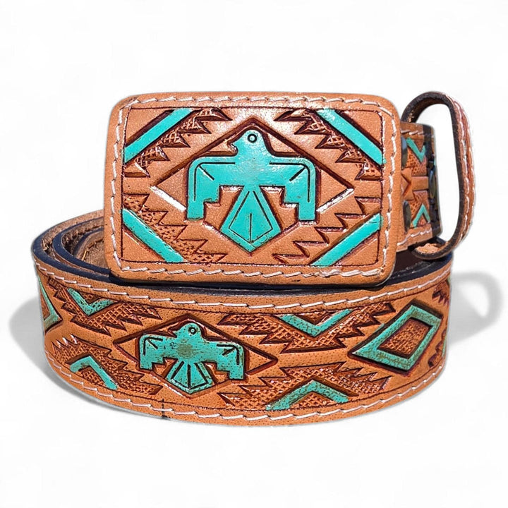 BB Turquoise Thunderbird Belt | Hand-Tooled Leather Western Belt