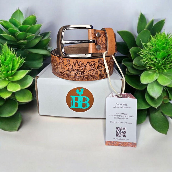 BB Wildlife Forest Belt | Hand-Tooled Leather with Deer & Forest Design