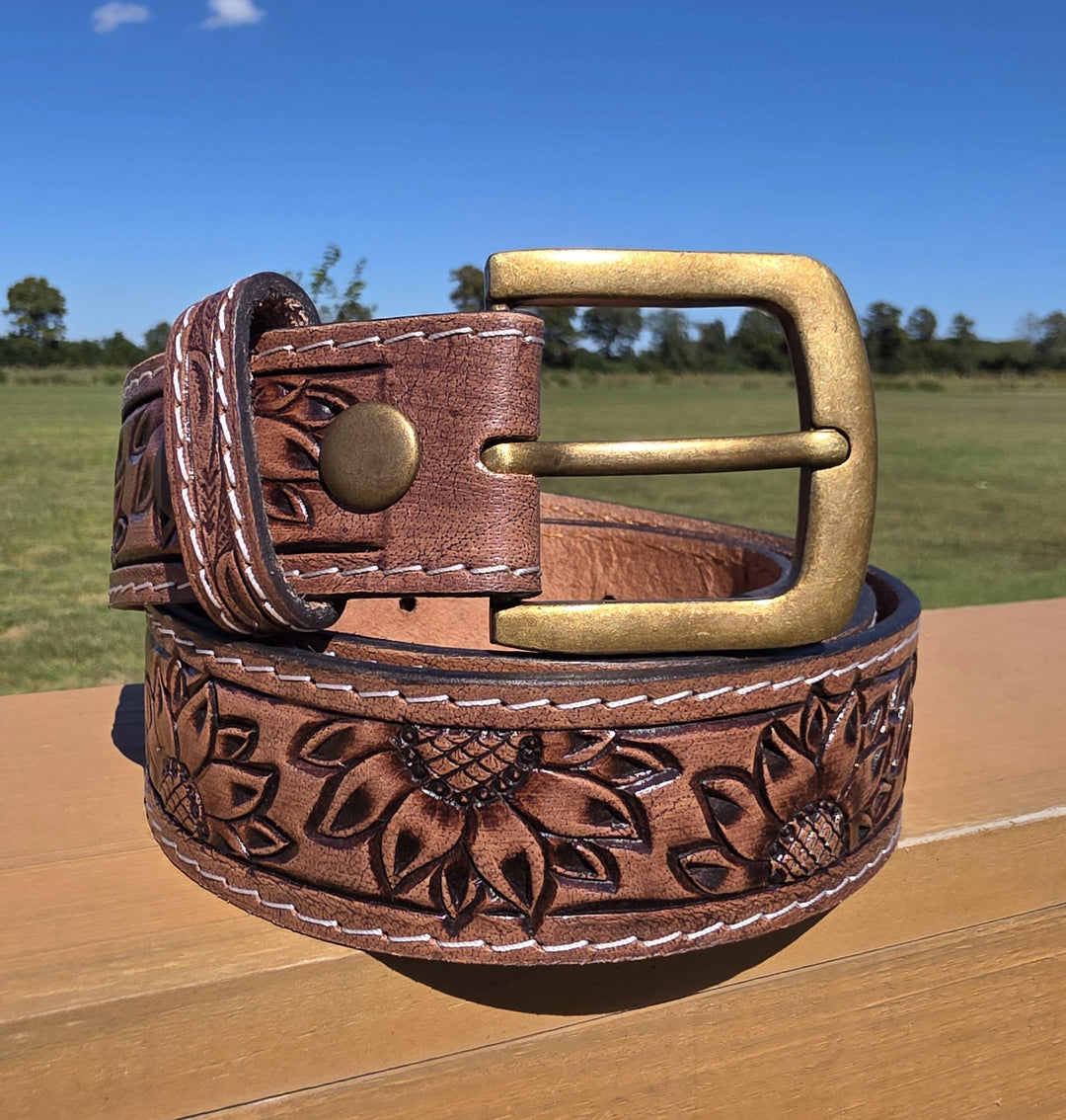 BB Sunflower Trail Belt | Hand-Tooled Leather Western Belt