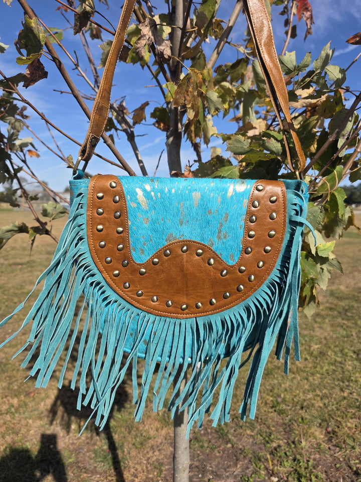 BB Sky Fringe Crossbody | Metallic Turquoise Cowhide & Hand-Tooled Leather Bag