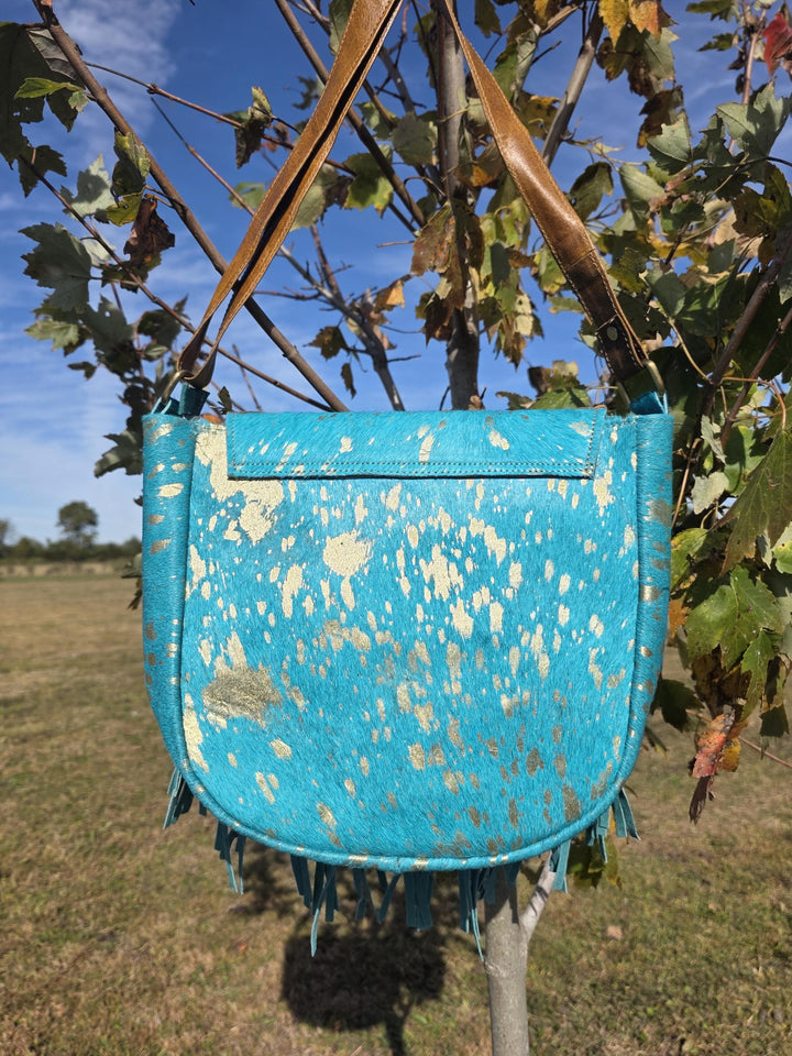 BB Sky Fringe Crossbody | Metallic Turquoise Cowhide & Hand-Tooled Leather Bag