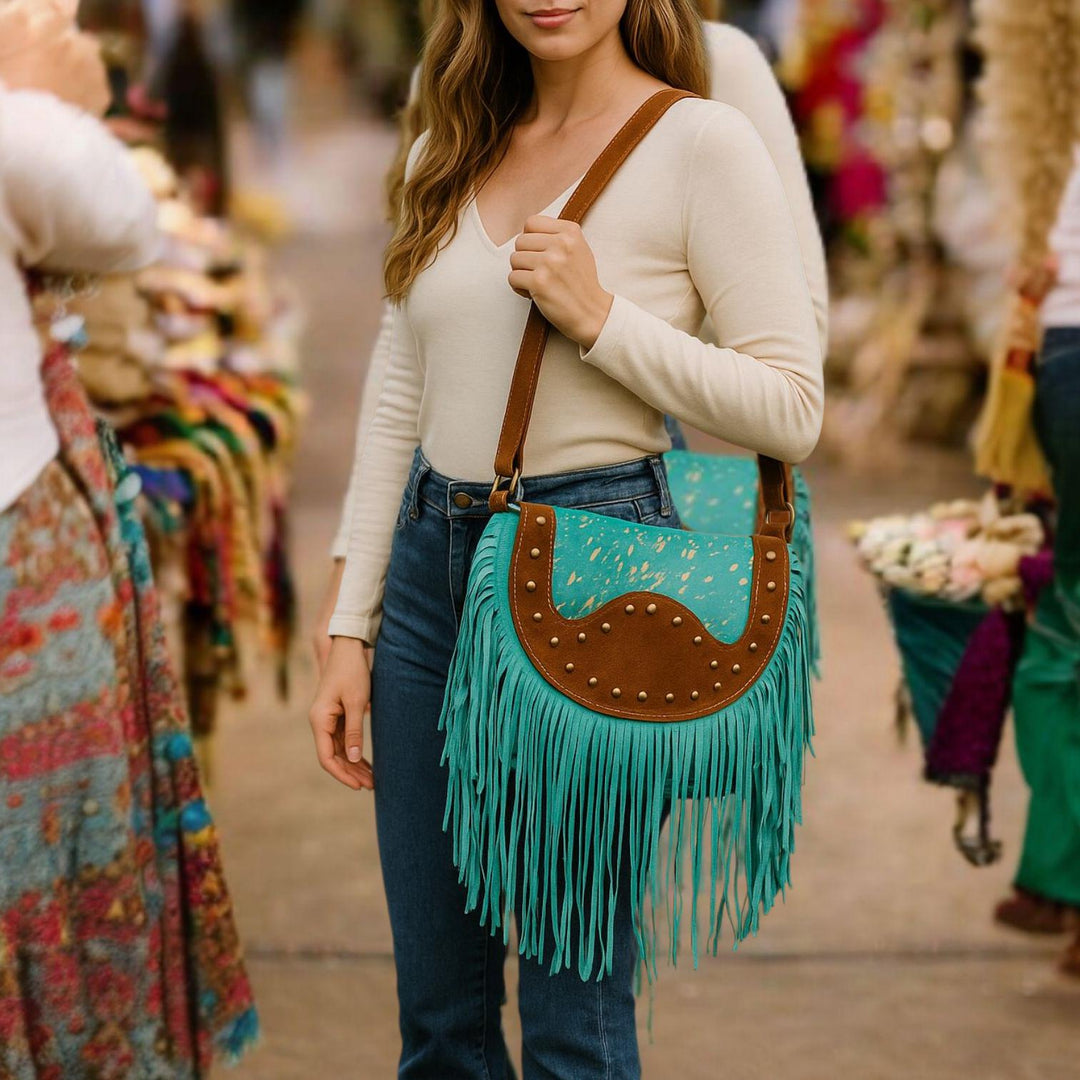 BB Sky Fringe Crossbody | Metallic Turquoise Cowhide & Hand-Tooled Leather Bag