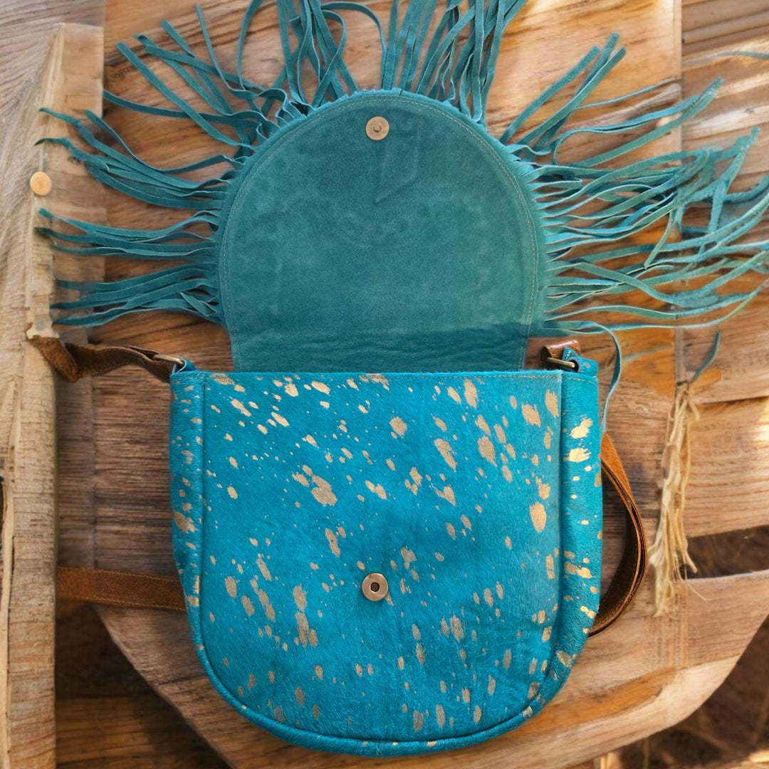 BB Sky Fringe Crossbody | Metallic Turquoise Cowhide & Hand-Tooled Leather Bag