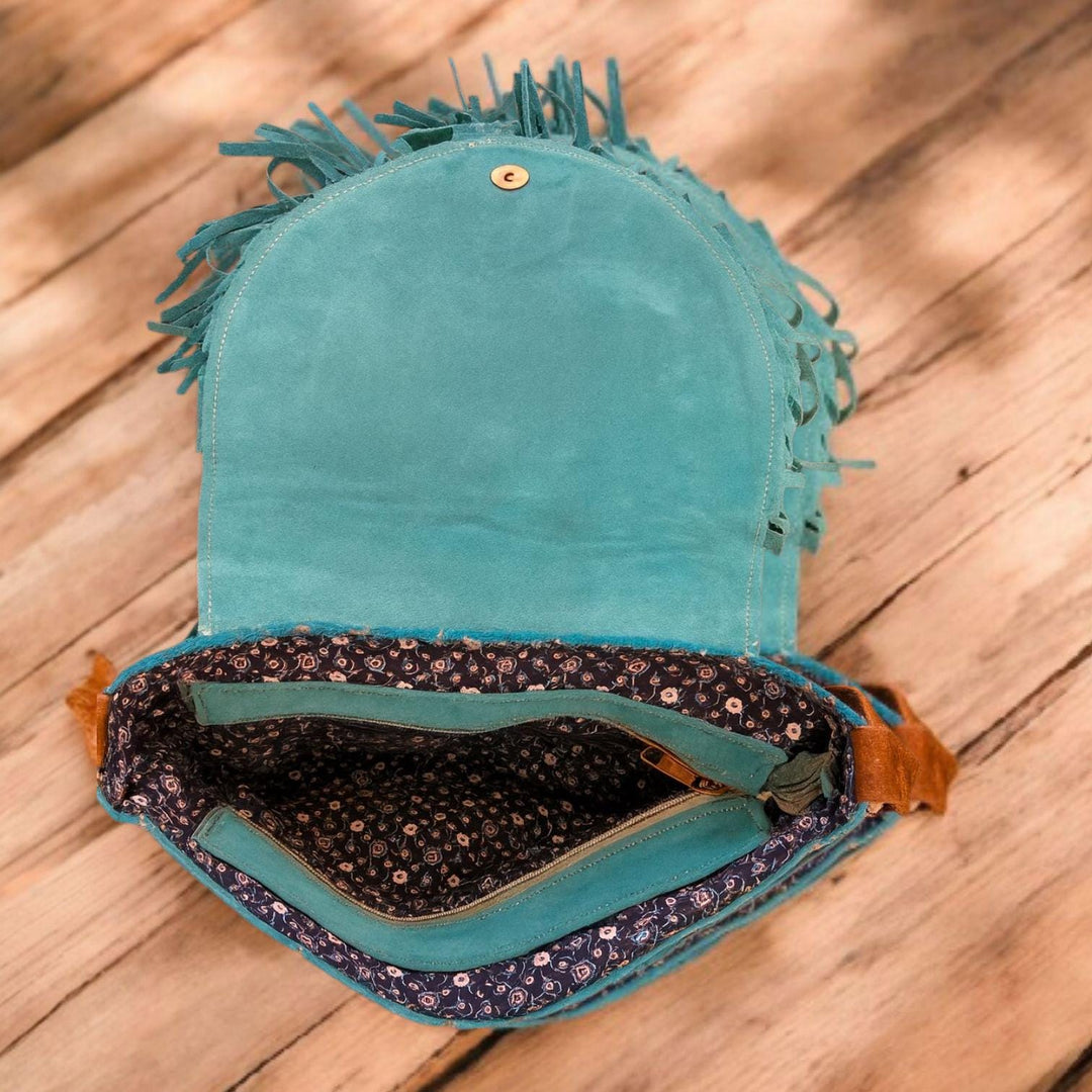BB Sky Fringe Crossbody | Metallic Turquoise Cowhide & Hand-Tooled Leather Bag