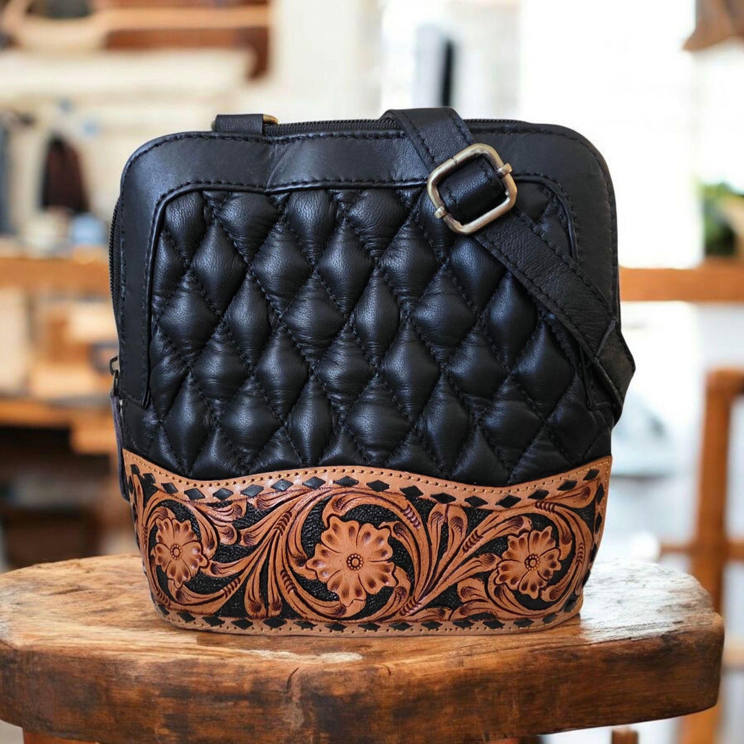 BB Midnight Bloom Crossbody | Quilted & Hand-Tooled Leather Bag