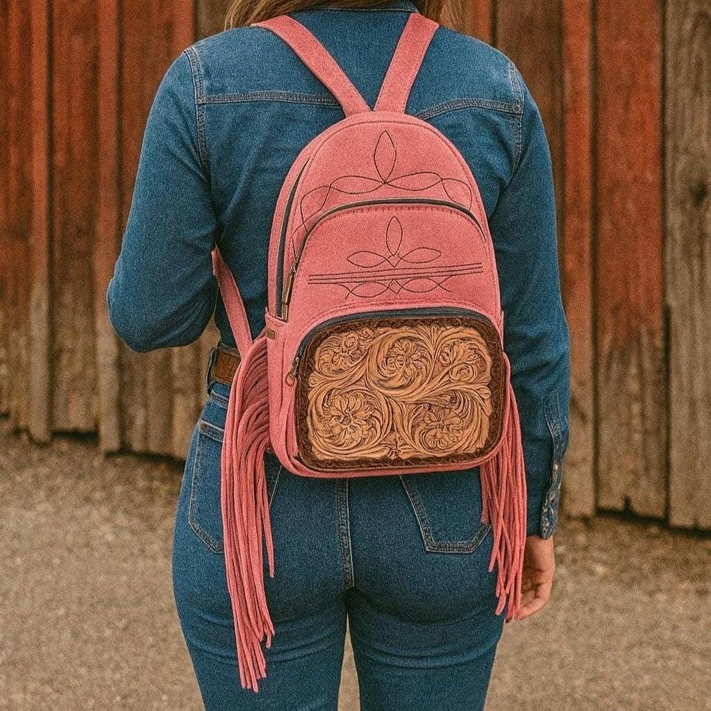 BB Boot Stitch Backpack | Tooled Suede Leather Fringe Bag