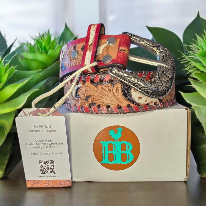 BB Desert Flame Belt | Hand-Tooled Leather with Engraved Silver Buckle