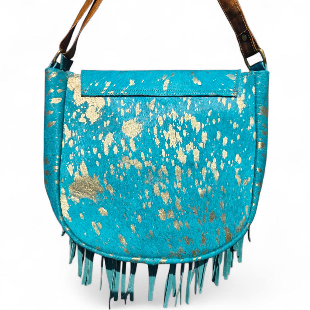 BB Sky Fringe Crossbody | Metallic Turquoise Cowhide & Hand-Tooled Leather Bag