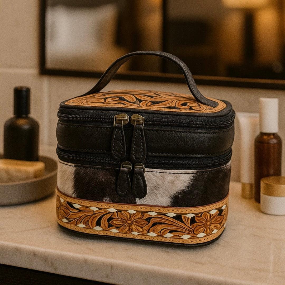 BB Frontier Bloom Case | Hand-Tooled Cowhide Leather Makeup & Travel Bag