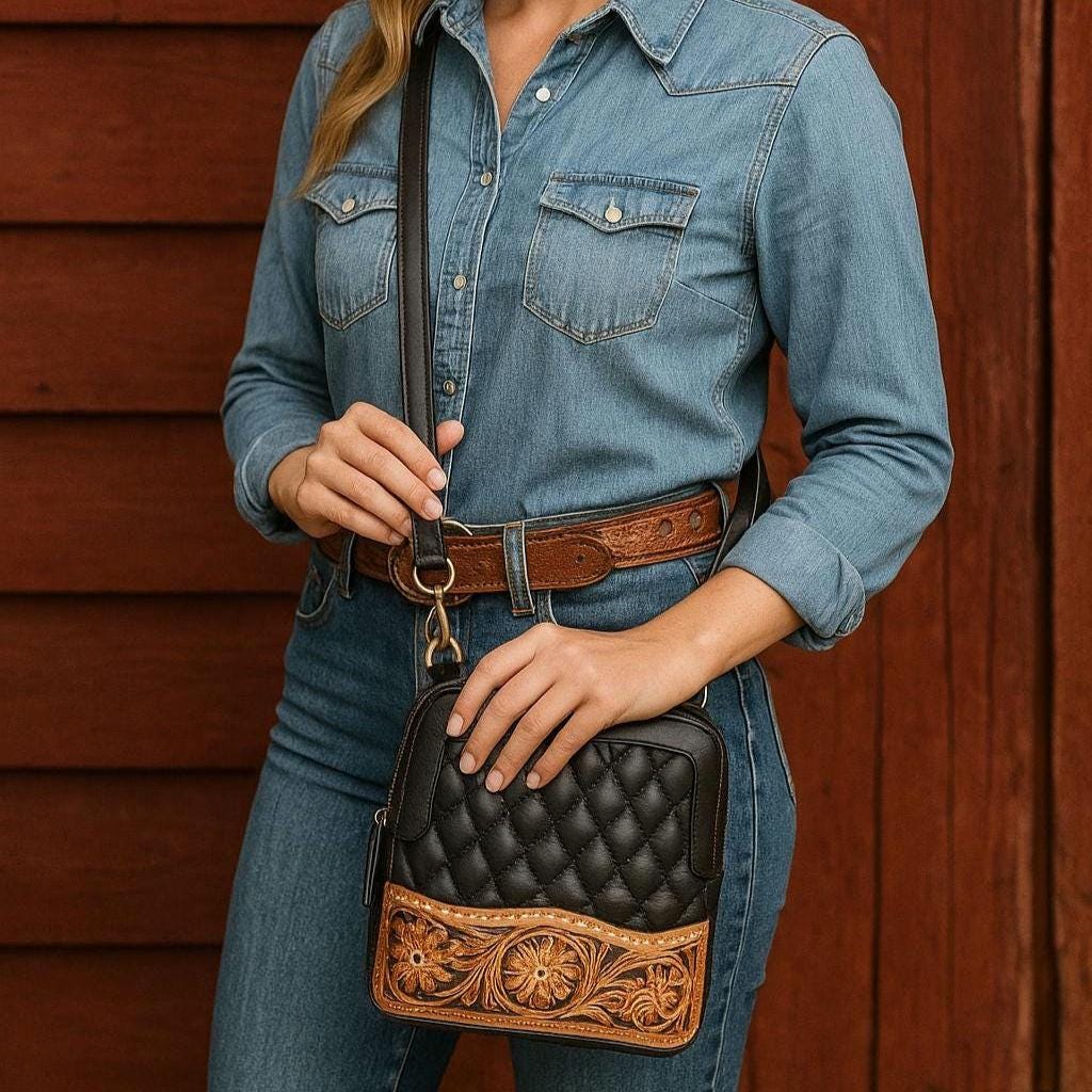 BB Midnight Bloom Crossbody | Quilted & Hand-Tooled Leather Bag